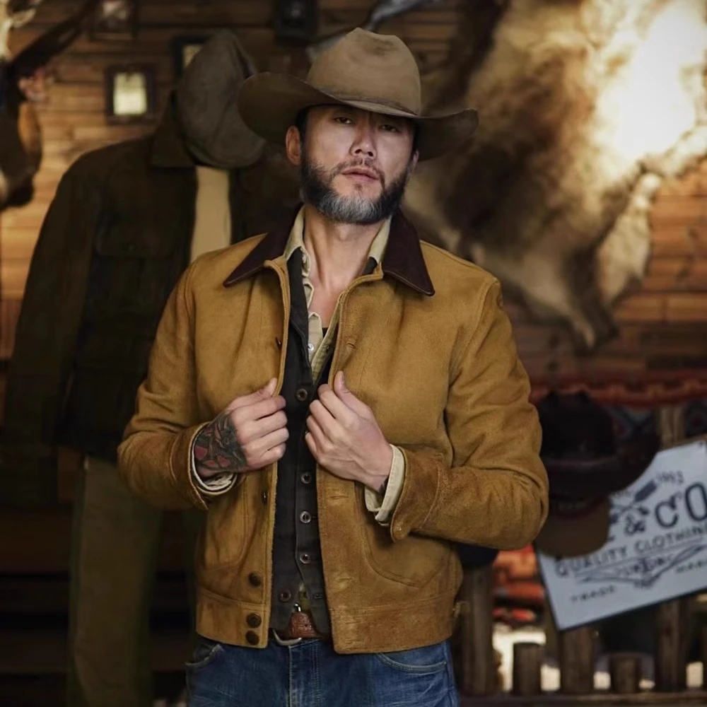 刺度复古德普翻绒做旧西部夹克水洗百搭工装翻领男士美式复古夹克