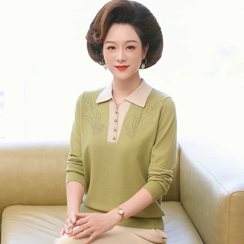 妈妈春秋洋气针织小衫上衣2024新款秋季翻领绣花毛衣6808