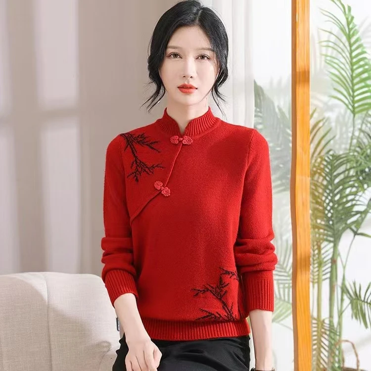 妈妈装针织打底衫时尚毛衣2024秋冬新款中年洋气旗袍领上衣8789