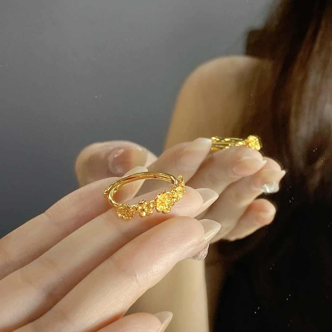 足银戒指 玫瑰花戒指女可调节小桃花排戒时尚款轻奢手饰