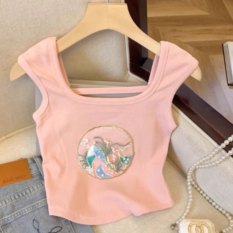 2024新中式刺绣宽肩带吊带背心女夏缕空美背辣妹短款国风无袖上衣