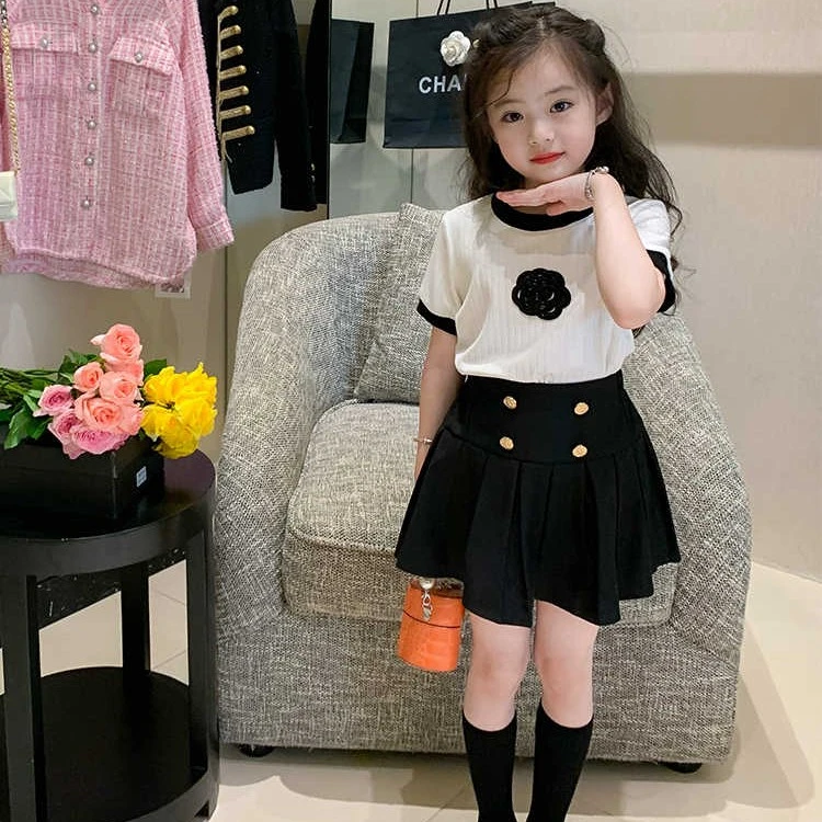 女童短袖套装2024新款夏装儿童学院风两件套网红宝宝百褶裙套装