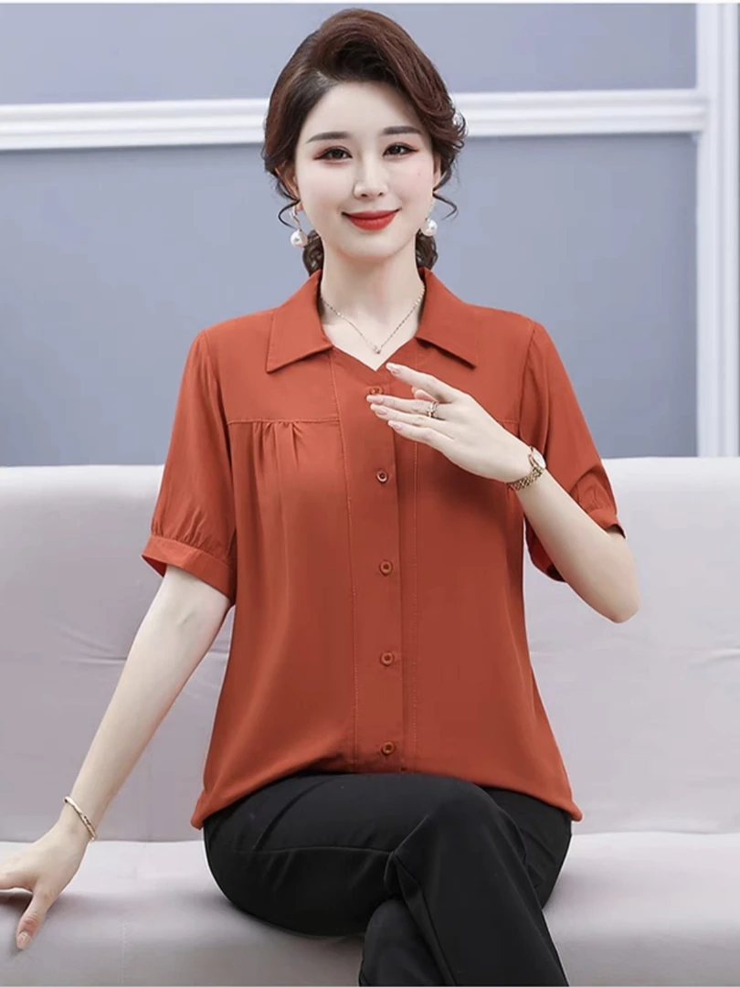 妈妈装新品洋气时尚大码纯色短袖衬衣小开衫中老年女短袖百搭上衣