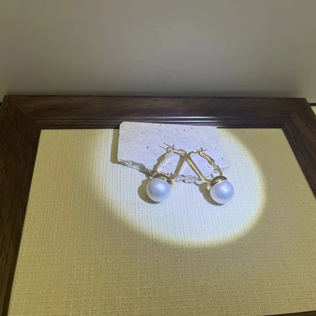 铜合金耳饰 东大门简约方扣耳环-金色长耳钉白色圆底珠