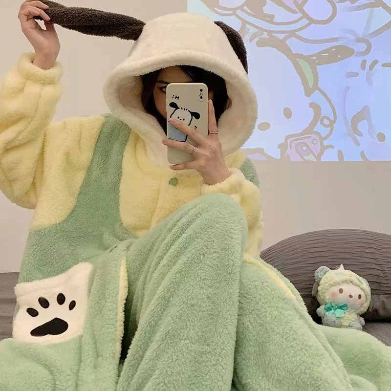 睡衣女卡通浴袍网红加绒帕恰狗连帽宽松保暖秋冬季加厚睡袍秋冬