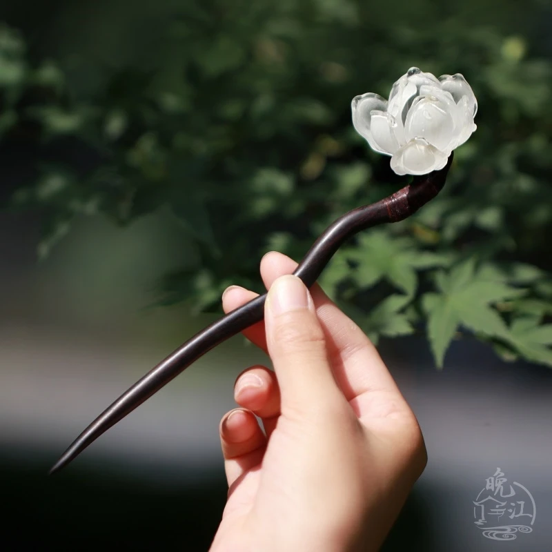 新玉兰 热缩花簪竹子发簪檀木新中式簪子汉服古风日常步摇盘发女