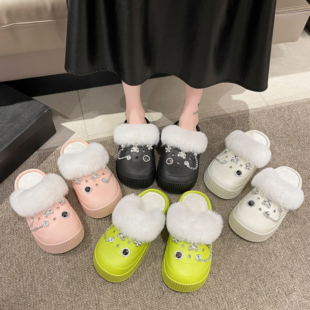 X903洞洞拖鞋女秋冬季新款外穿增高厚底防滑加绒保暖月子毛毛拖