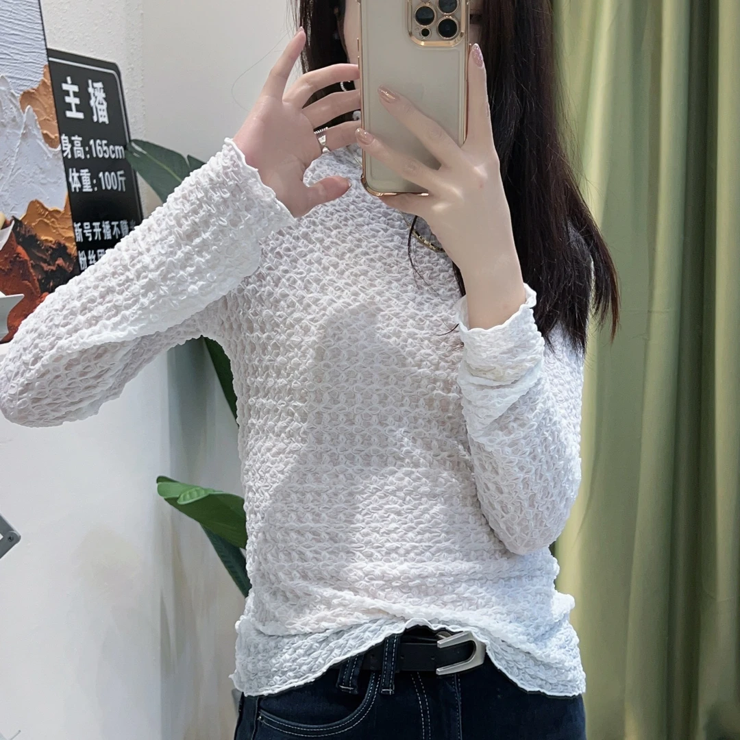 RuGu  休闲时尚百搭修身纯色泡泡纱打底上衣女