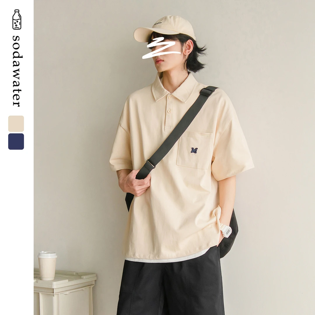 苏打汽水工作室夏季新款日系polo衫男女同款刺绣宽松百搭休闲短袖