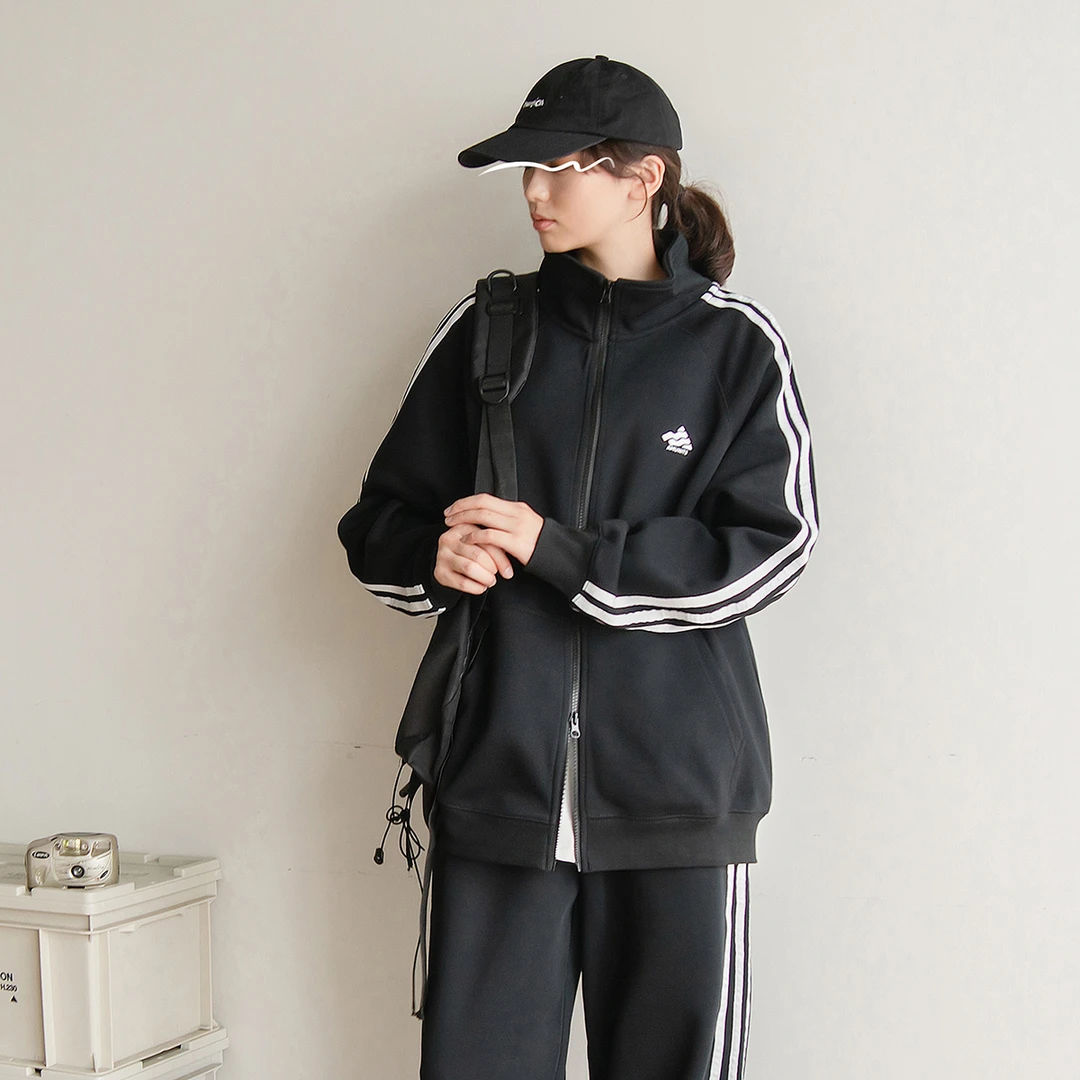 苏打汽水工作室春秋新款宽松休闲运动套装男女款撞色织带立领卫衣