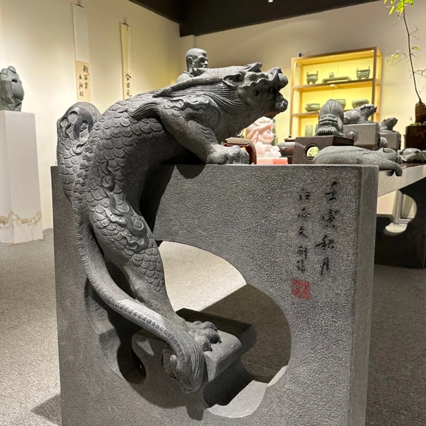 青石/印度黑 大板桌 石雕桌腿 茶桌 茶台 貔貅 镇水兽摆件 手工