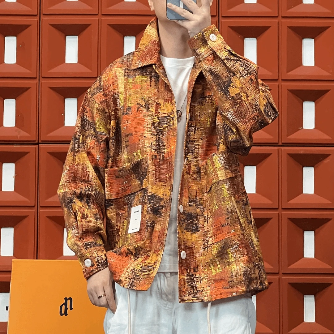 HK&NB x 艺术家花卉 春秋时尚宽松撞色满印港风国潮情侣夹克外套