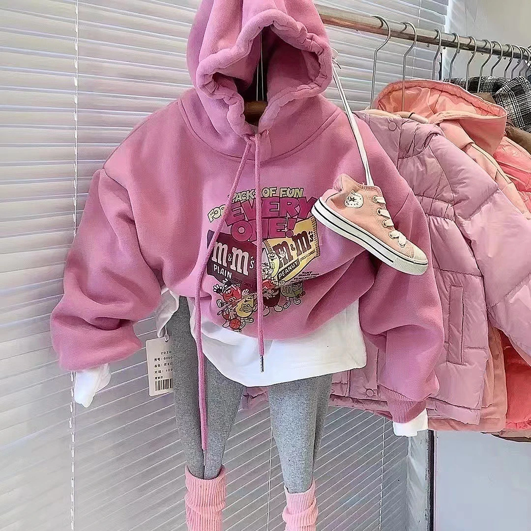 韩版女童加绒加厚连帽卫衣中小童新款童装冬季一体绒休闲时髦上衣