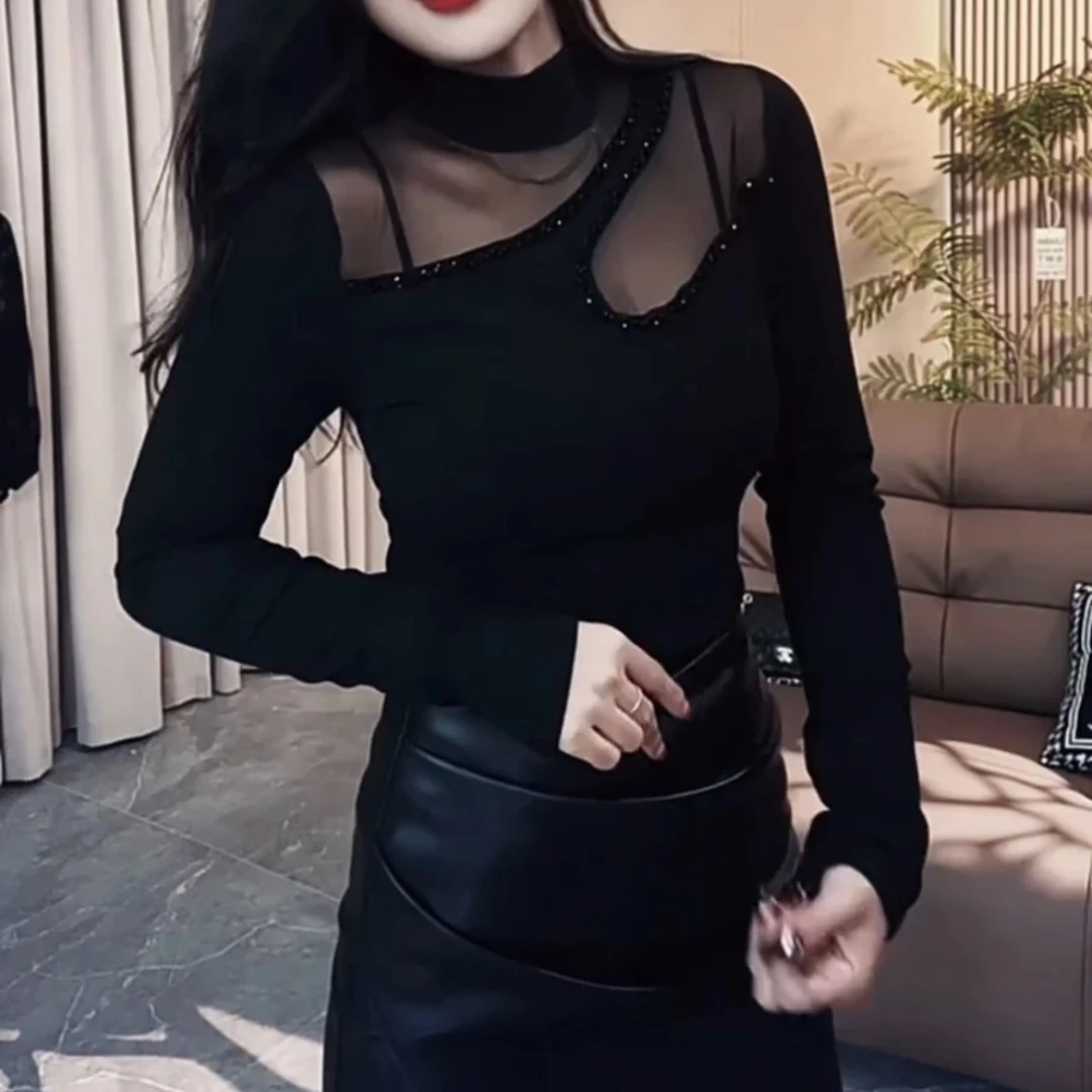 欧货重磅大码女装2025年秋季新款网纱镂空T恤高级感修身chic上衣