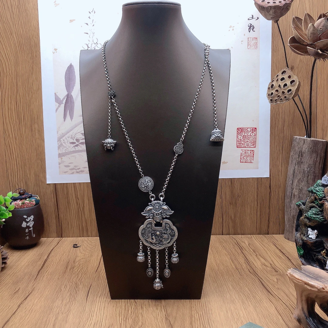 坠链均足银 银项链复古长款古典手工时尚百搭古风重工个性