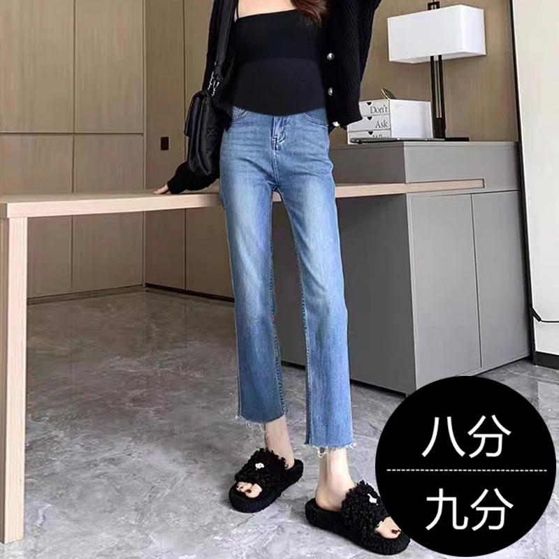 小个子孕妇裤春秋季款时尚外穿复古蓝大码八分九分牛仔直筒烟管裤