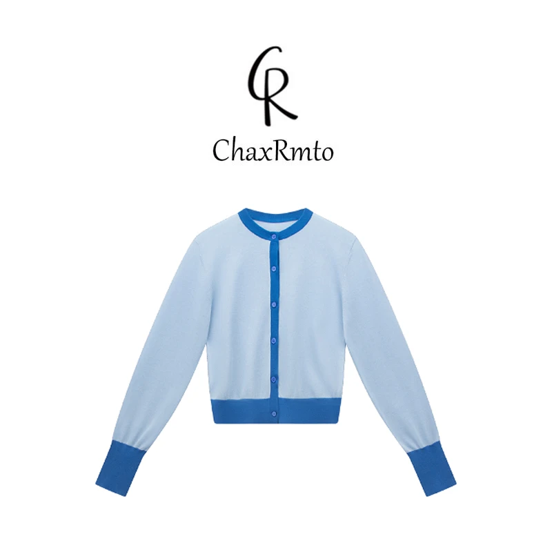 ChaxRmto 设计感撞色圆领针织开衫气质单排扣上衣斯斯 CC1B0757