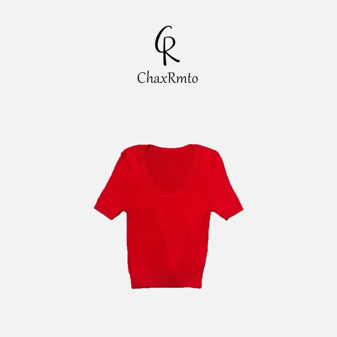 ChaxRmto 夏季时尚U领套头气质轻奢休闲针织短袖上衣 SC1B0824