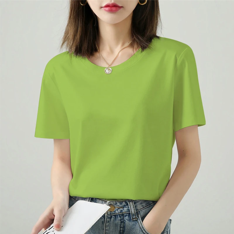 果绿色短袖t恤女宽松2025夏季新品简约休闲百搭显瘦正肩女装上衣