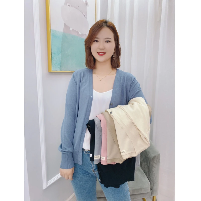 大码女装春款日系纯色针织开衫V领休闲薄针织外套弹力显瘦上衣女