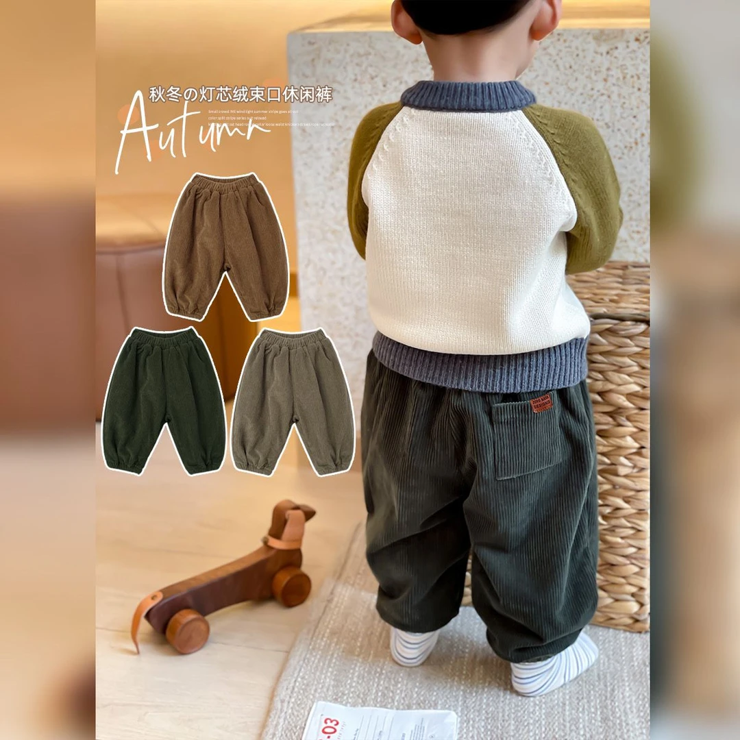 儿童加厚版灯芯绒条纹束腿裤冬季婴幼童男女宝宽松百搭厚款休闲裤