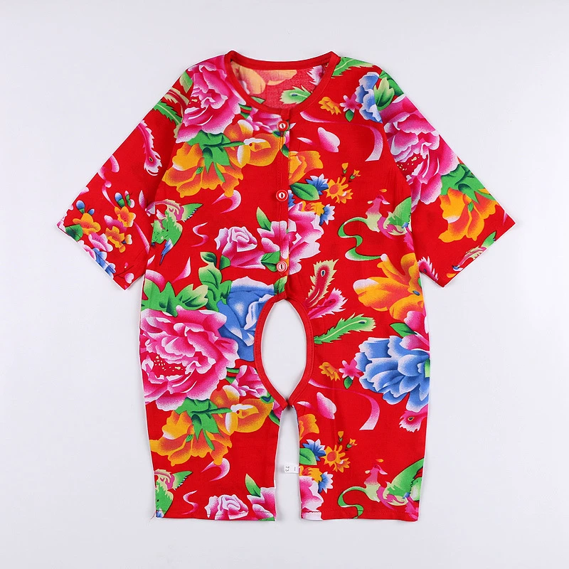 民族风连体衣开裆睡衣东北大花贴身喜庆夏季装土到极致就是潮洋气