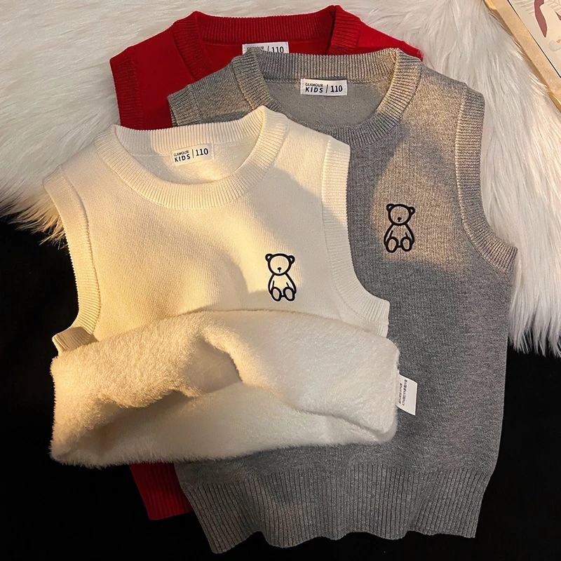 儿童背心一体绒加绒加厚针织马甲2023秋冬新款宝宝保暖线衫冬季