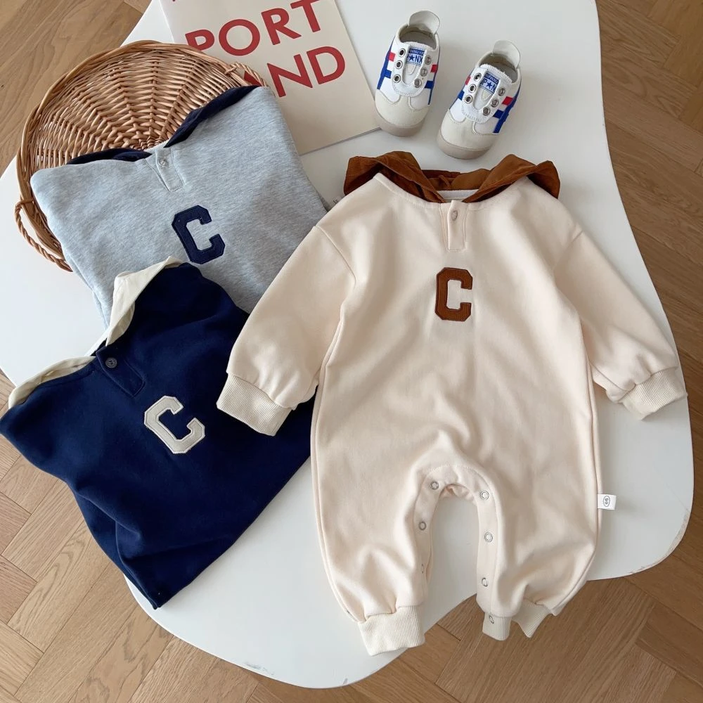 婴儿韩版洋气连体衣2023秋装新款宝宝超萌洋气爬服春小童连帽卫衣