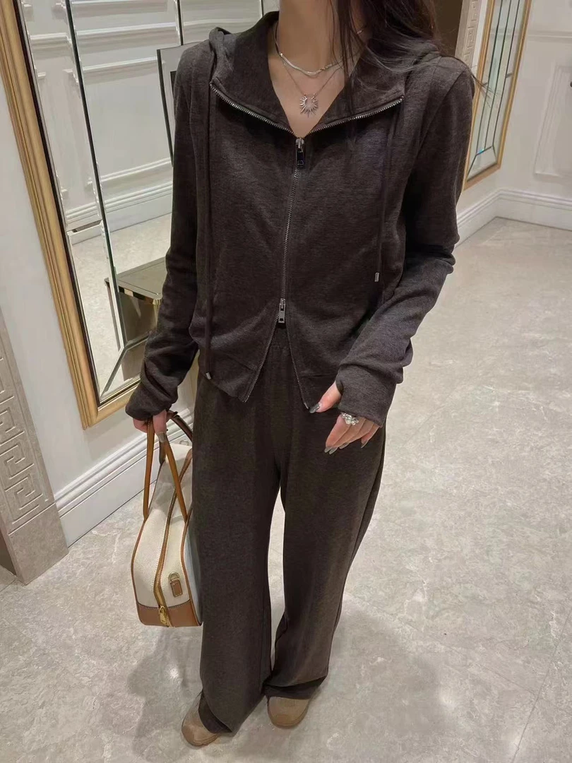 91279秋季连帽开衫拉链上衣直筒阔腿裤休闲套装FX