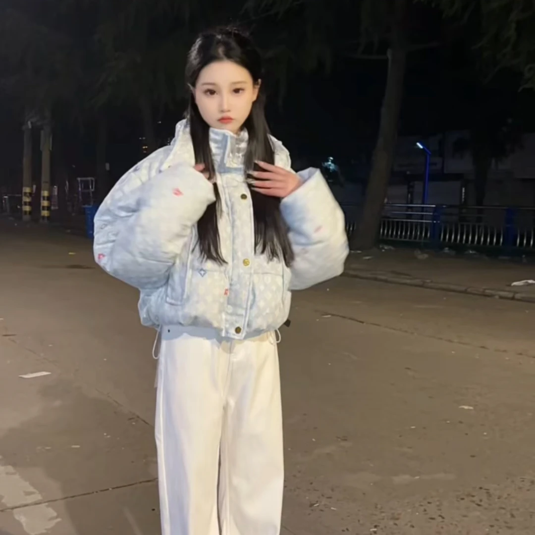 欧货站2024冬季新款连帽长袖短款保暖羽绒棉服蓝色牛仔外套