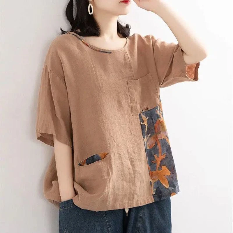 胖MM拼接撞色棉麻打底小衫女妈妈装夏季新款宽松显瘦短袖T恤上衣