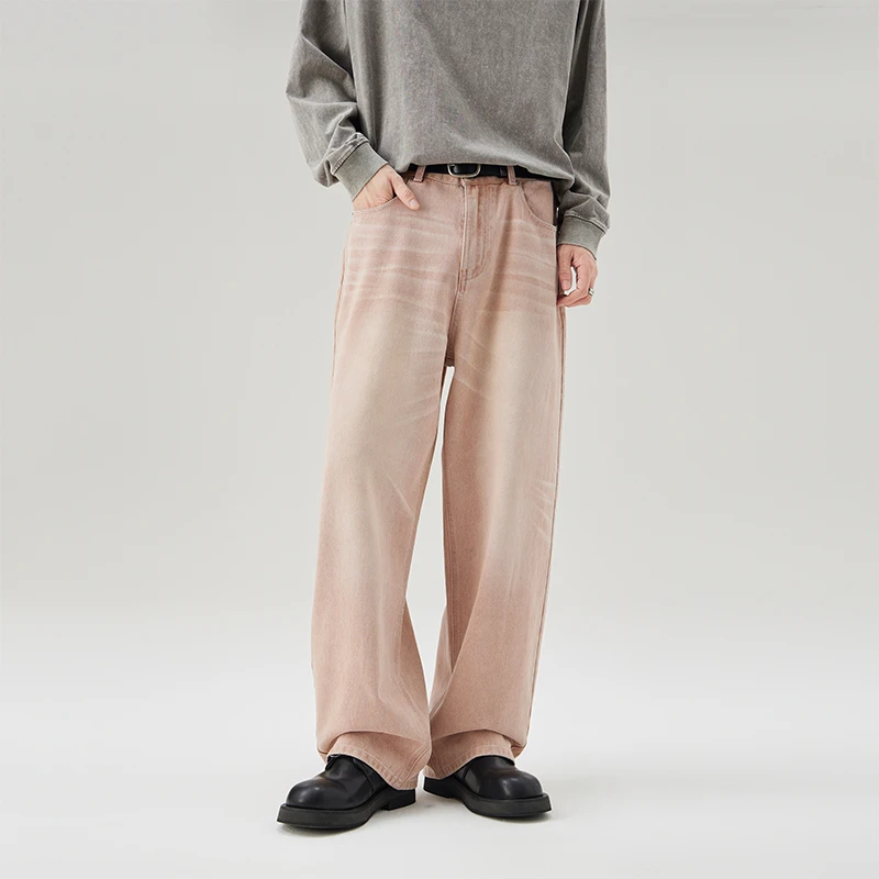 2025秋冬新款粉色复古水洗阔腿baggy牛仔裤男宽松直筒百搭长裤子