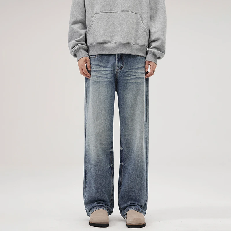 2025春夏新款冰蓝牛仔裤男生美式水洗高街休闲潮牌宽松阔腿直筒裤