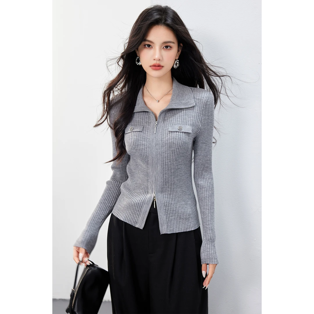 显瘦短款爆款罩衫早秋毛衣新款春秋简约双头拉链针织开衫上衣