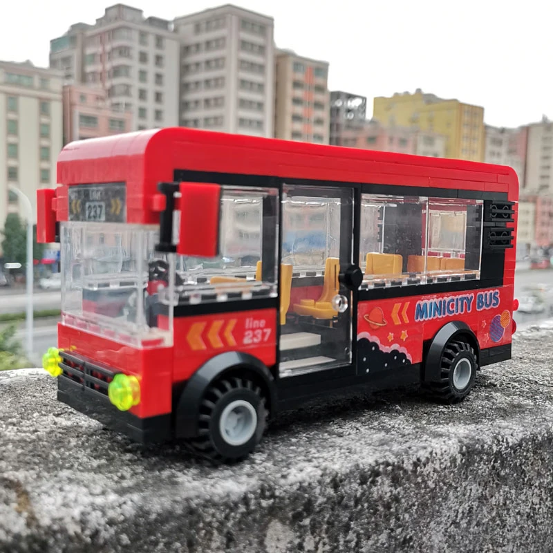 中国积木城市红色迷你巴士公交车公共汽车积木拼装儿童玩具车手工