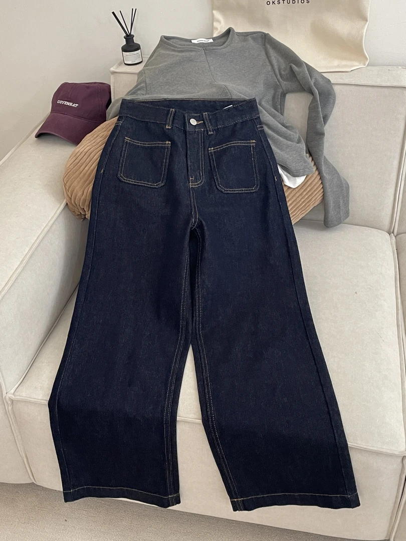 大妍【不掉色牛仔】小个子秋装韩系简约休闲高腰纯色洗水牛仔裤9212