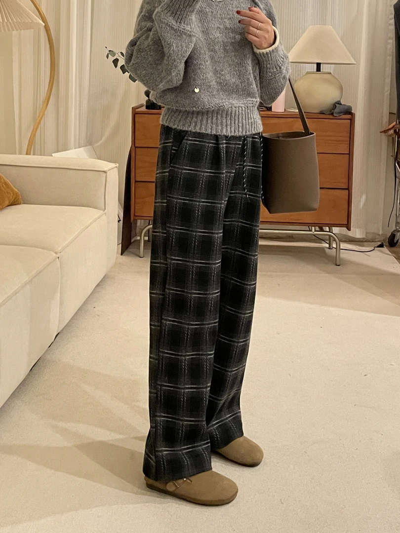 大妍【格子裤】小个子秋冬韩系软垂厚款毛呢格子窄版阔腿休闲裤9223