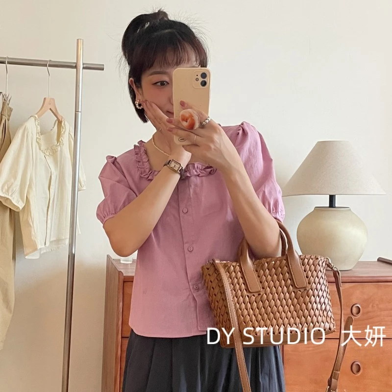 DAYAN小个子改版夏季韩系纯色方领气质短款上衣8246