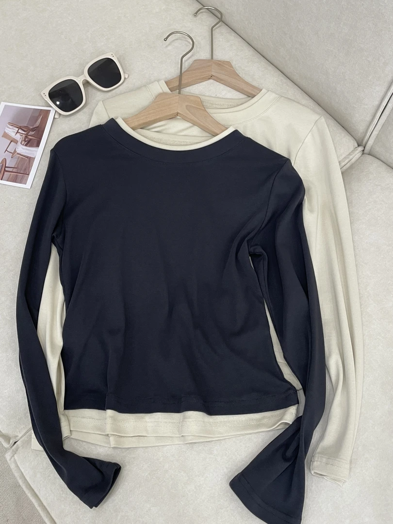 大妍 小个子秋装新款韩系简约休闲百搭拼色长袖圆领打底衫T恤8627