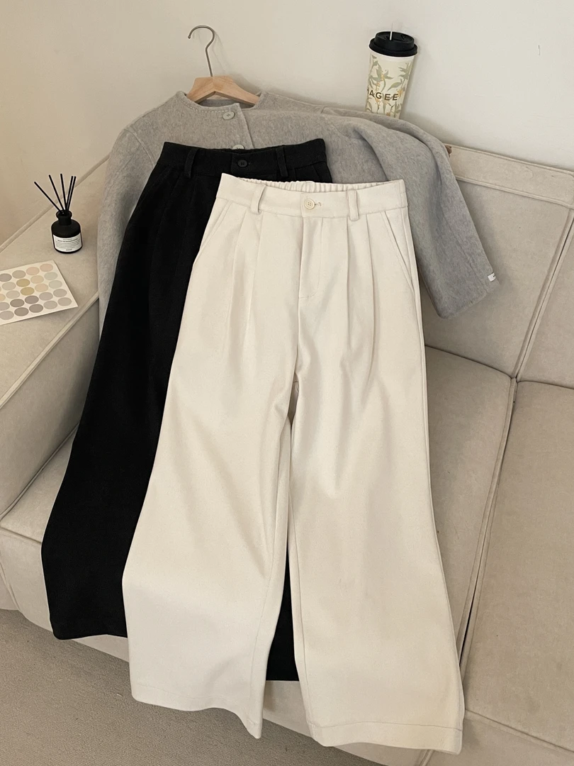 大妍【松弛有度】小个子秋冬简约纯色加厚磨毛毛呢休闲裤长裤9219