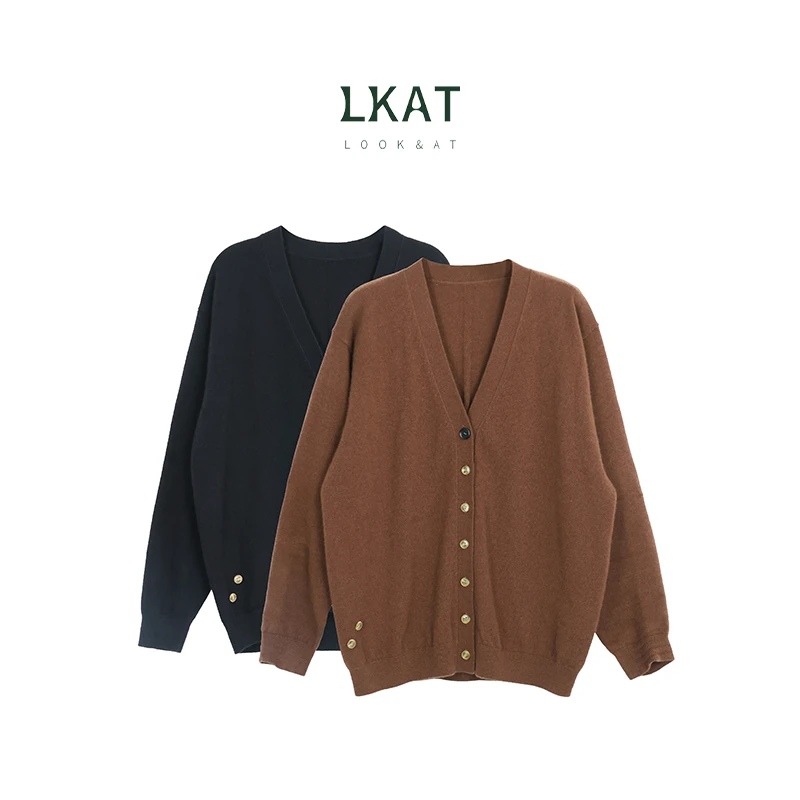 LKAT长袖羊绒针织开衫女春秋外搭高级感V领上衣毛衣外套241005