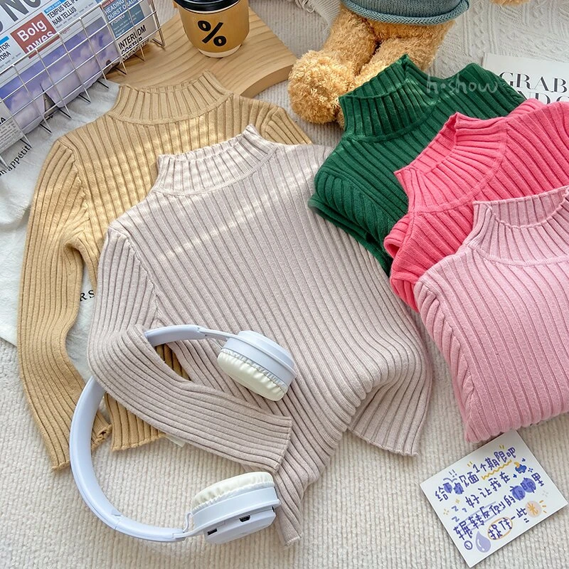 儿童毛衣秋冬纯色半高领坑条打底男女童宝宝套头软糯加厚保暖内搭