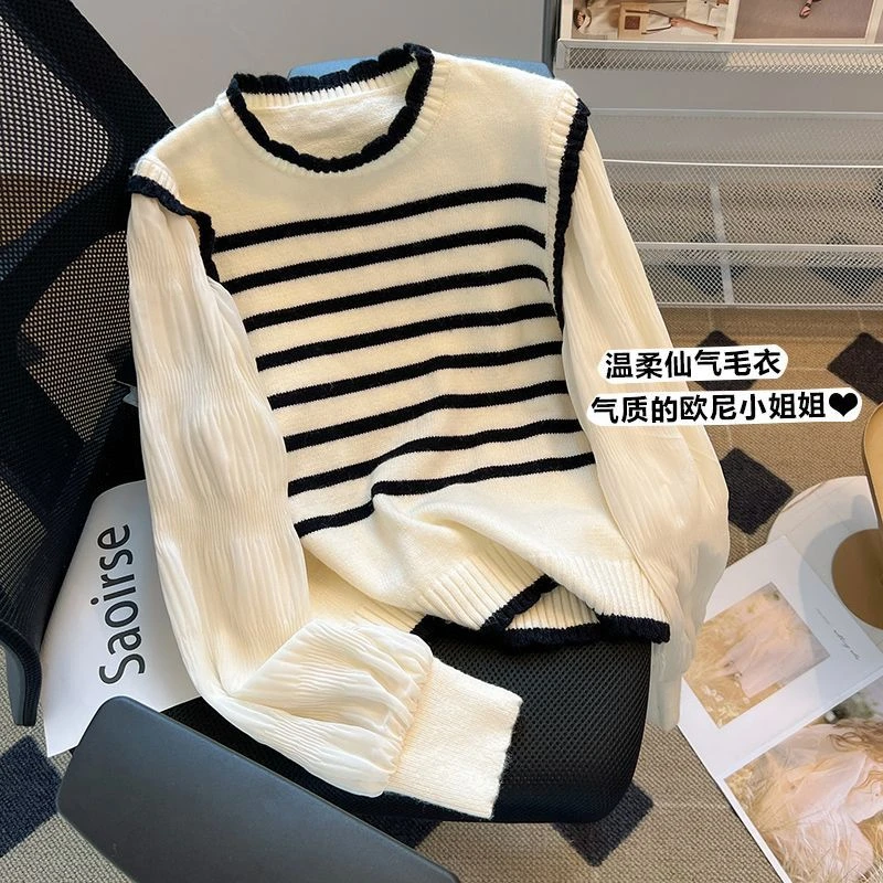 女童法式拼接条纹假两件针织衫女早春漂亮洋气毛衣甜美儿童毛衣