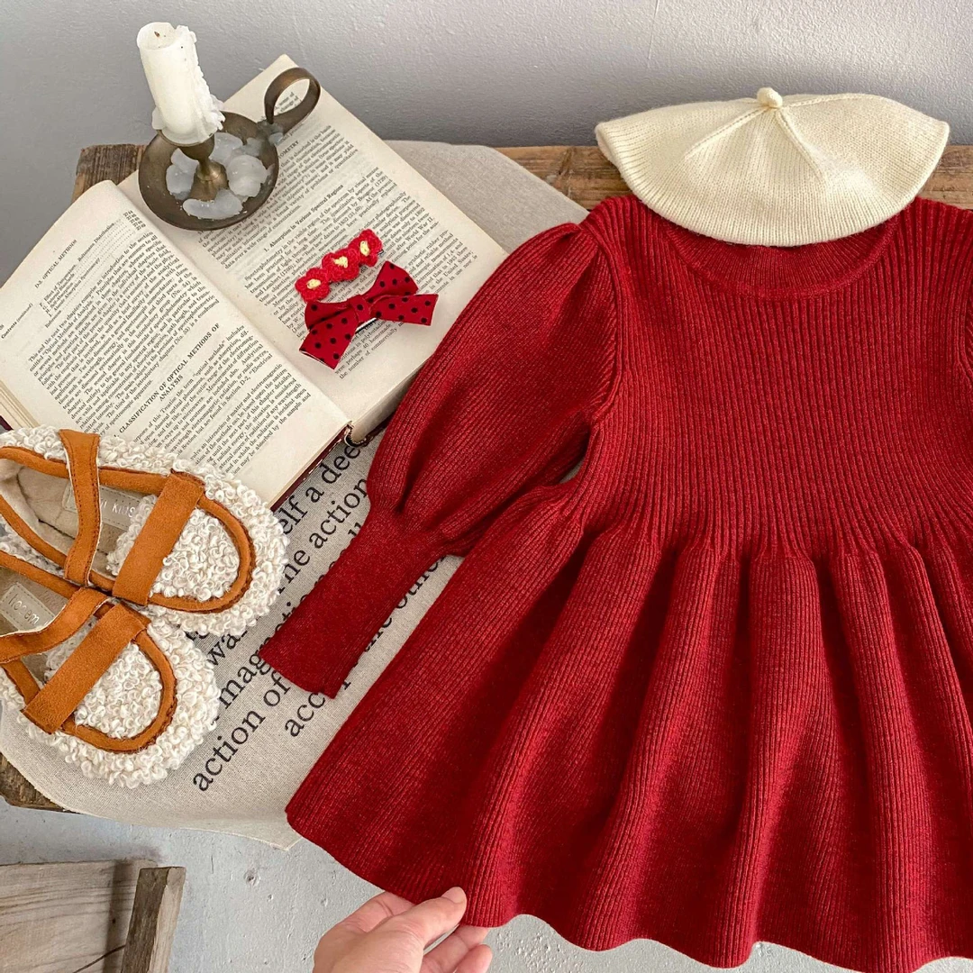 Ins韩版婴儿秋冬连衣裙女童纯色针织毛衣裙春秋宝宝灯笼袖公主裙