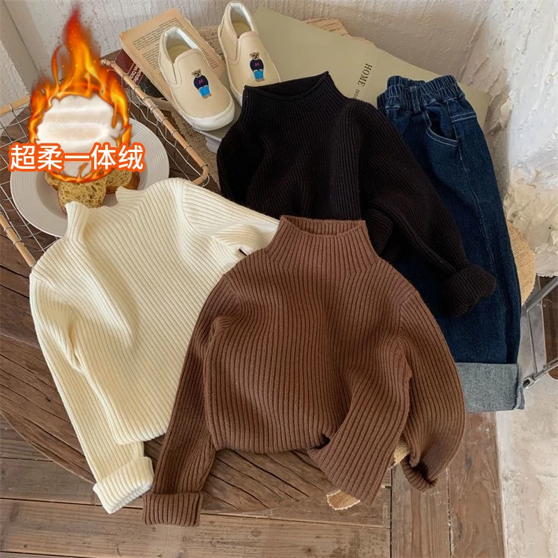 韩版半高领一体绒毛衣打底衫冬季新款男女孩冬装儿童针织衫上衣潮