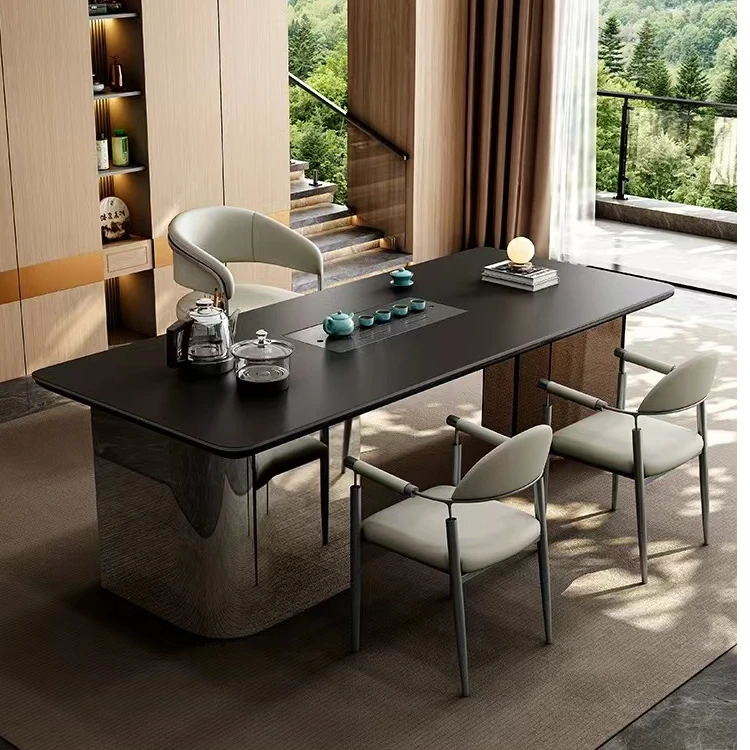 现代简约亚克力悬浮不锈钢阳台椅组合高级办公室烧水一体岩板茶桌