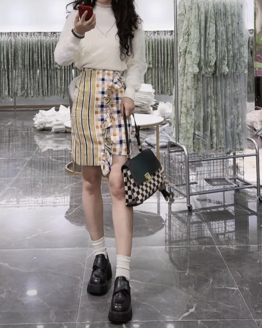 【ONE】NN3026-时尚女装半身裙显瘦气质高腰休闲百搭格子减龄