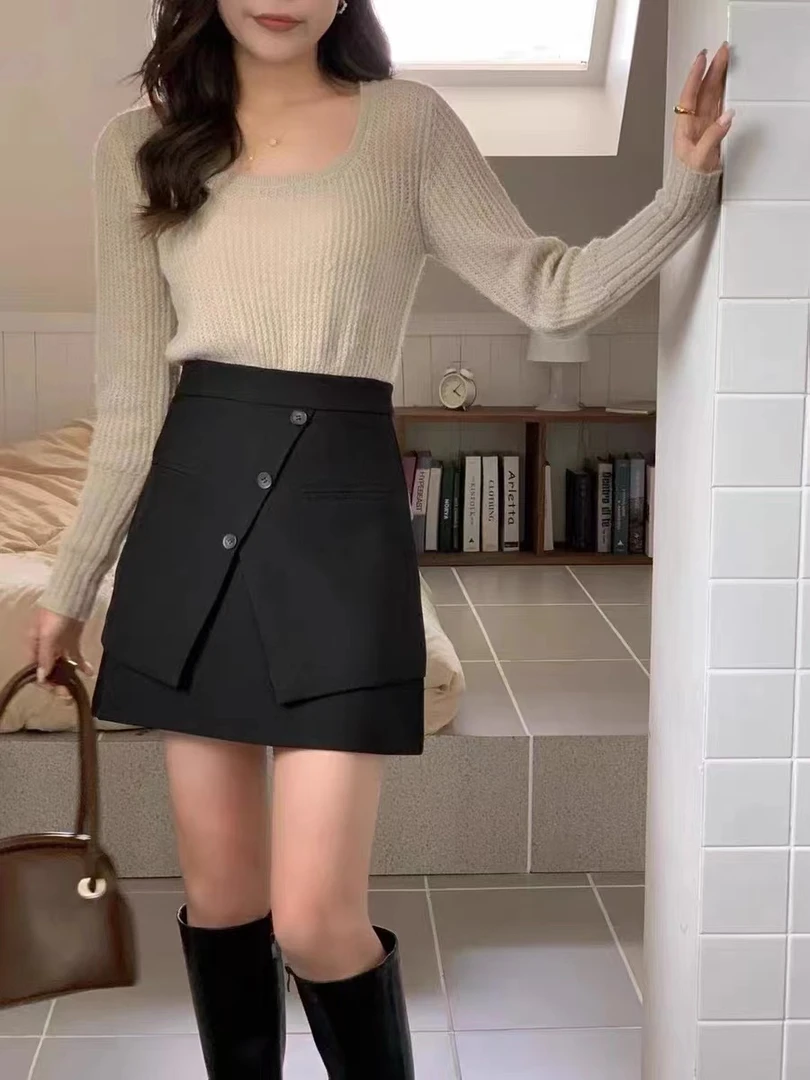 NN3348-时尚女装半身裙显瘦气质网红高腰百搭黑色不规则包臀