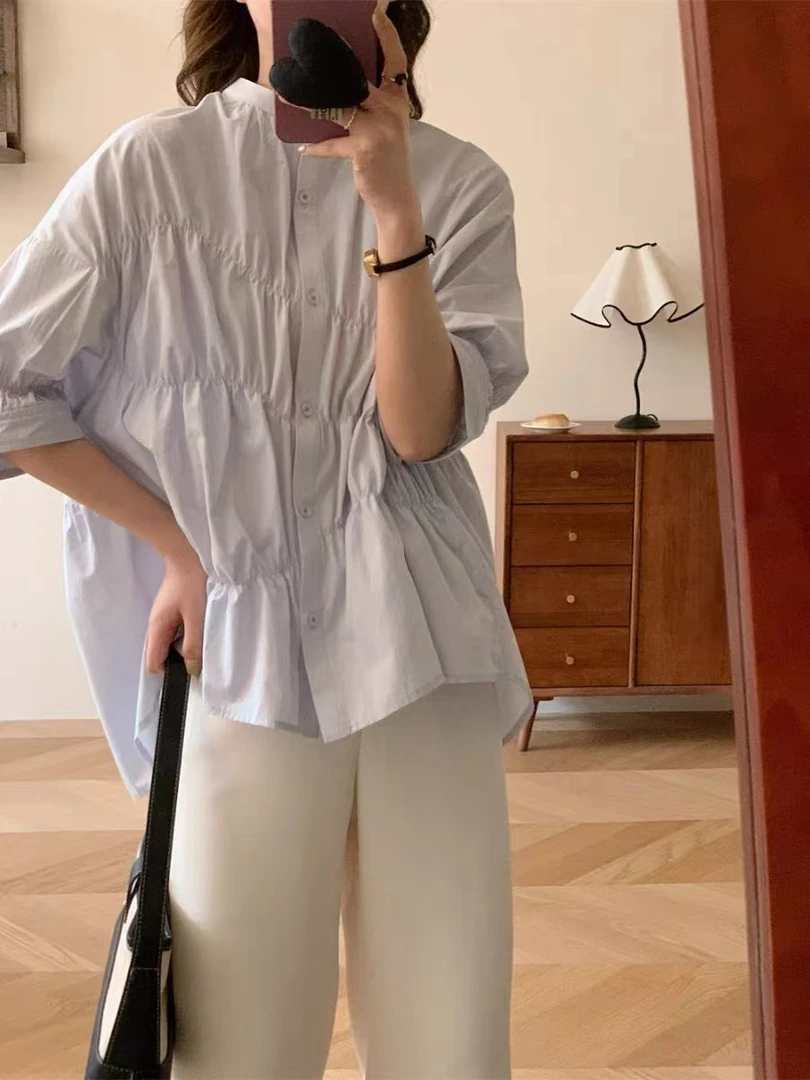 NN247-时尚衬衣显瘦夏季小众宽松褶皱设计感不规则百搭休闲