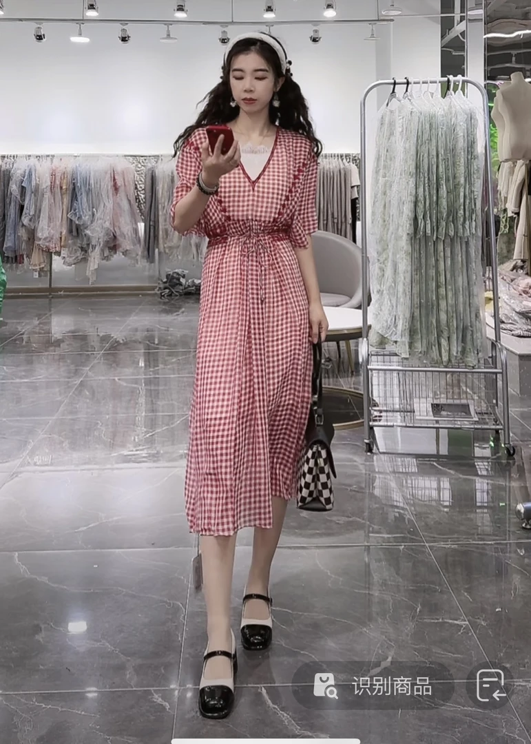 【OE家】NN640-时尚女装连衣裙显瘦气质法式收腰格子